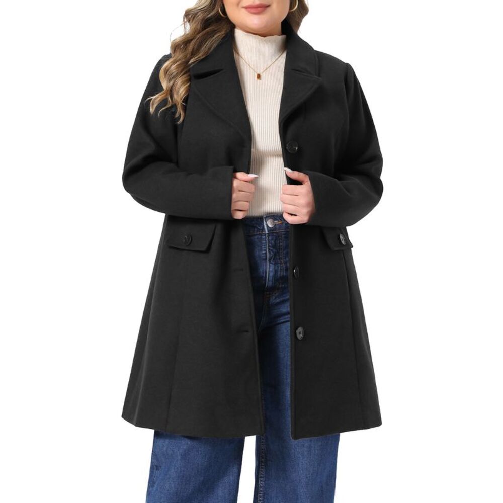 Women Plus Size Lapel Collar Single Breasted Long Winter Coat Black